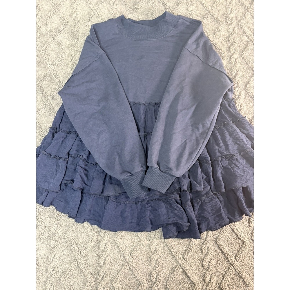 Listicle Navy Blue Mixed Media Peplum Top Long Sleeve Boho Medium